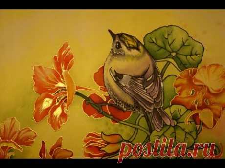 Kinglets on nasturtium. Silk art. Батик "Корольки на настурции"