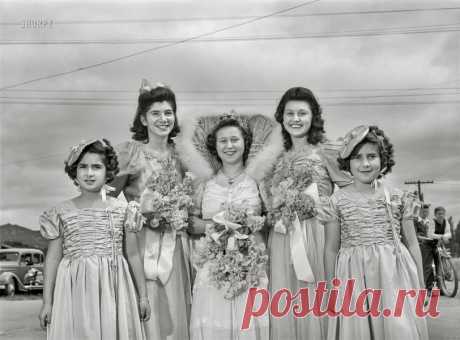 Queen Irene: 1942 May 1942. "Portuguese-Americans in California. Irene Farias, who was queen of the Saint Jude Society of San Lorenzo, and her maids visit the Holy Ghost Festival at Novato. Miss Farias' mother was born in Portugal, her father in Honolulu." Photo by Russell Lee.