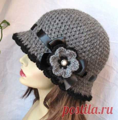 Womens Hat Charcoal Gray Crochet Cloche, Black Ribbon, Flower. Winter…