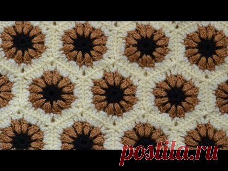 Как связать трехцветный шестиугольный мотив крючком. How to crochet The hexagonal motif.