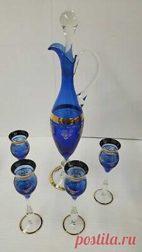 Vintage Cobalt Glass Decanter Cordial Set Gold Overlay Stem 4  Glasses MCM  | eBay Vintage Cobalt Glass Decanter Cordial Set Gold Overlay Stem 4  Glasses MCM.