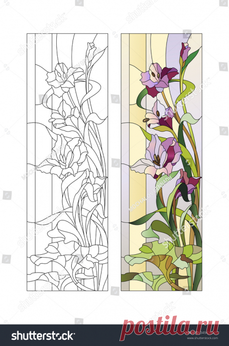 Sketch Stained Glass Purple Gladioli Стоковое Векторное Изображение 349426505 - Shutterstock