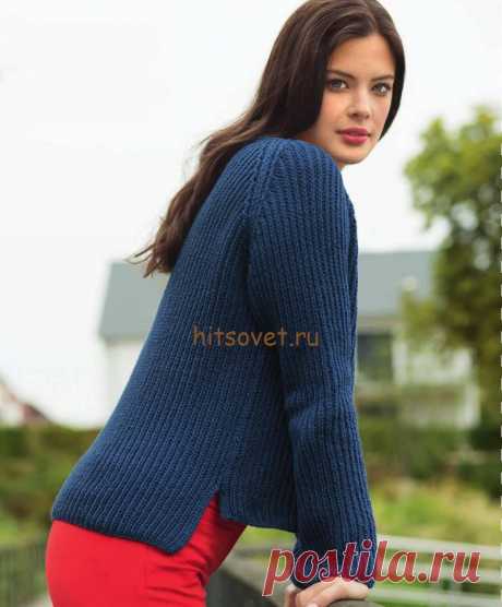 Пуловер реглан резинкой - Хитсовет Пуловер реглан резинкой. Модная модель 2016 для женщин пуловер реглан с удлиненной спинкой и V-образным вырезом. Вам потребуется 450 (500, 550) грамм синей пряжи, состоящей из 88% хлопка, 12% полиамида, длиной нити 140 метров в 50 граммах; спицы № 4,5.