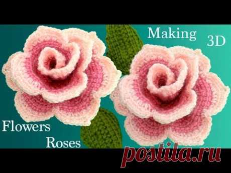 Como hacer flores rosas de colores en 3D con hojas a Crochet en punto tunecino