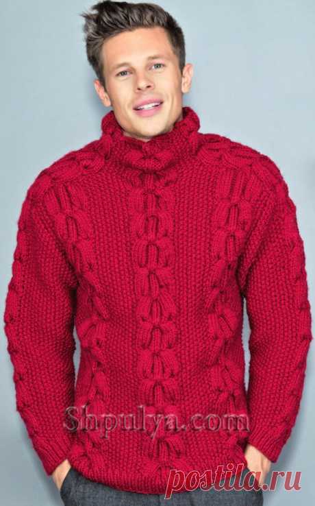 Красный мужской свитер с косами.