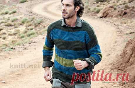 Мужской пуловер в широкую разноцветную полоску