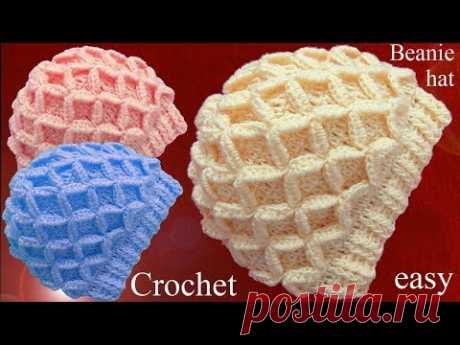 Gorro tejido en punto de rombos en relieve 3D a Crochet tallermanualperu