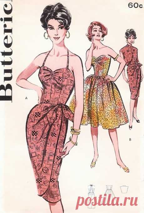 1960 Hot SARONG Cocktail Dress Pattern Butterick 9629 Bombshell Strapless or Halter Slim Sarong or Full Skirt Cocktail Evening Party Dress Sweetheart Neckline Sleeveless Bolero Tiki Style Bust 31 Vintage Sewing Pattern