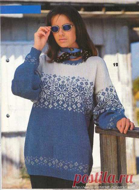 Спицы.Бело-голубой пуловер в норвежском стиле