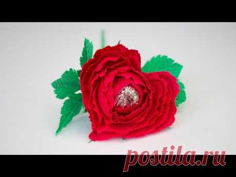 Идея: Валентинка на 14 февраля. Цветок - Роза Сердце с конфетой из гофрированной бумаги