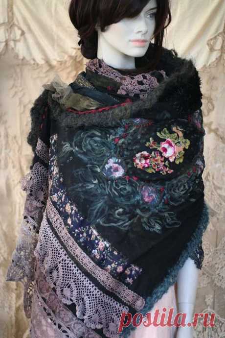 (19) RESERVED for JOANNE-- Midnight -- Victorian era inspired linen shawl, hand embroidered details, painted, appliques, mohair, lace, bohemian