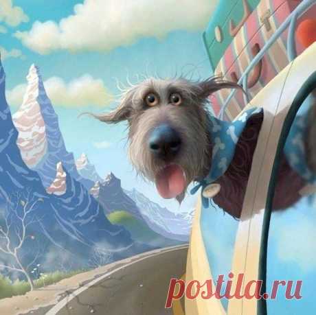 Британский художник, автор героев мульфильма Гадкий я, опубликовал серию плакатов, главным героем которых стал очаровательный серый пёс Тоби - Путешествуем вместе