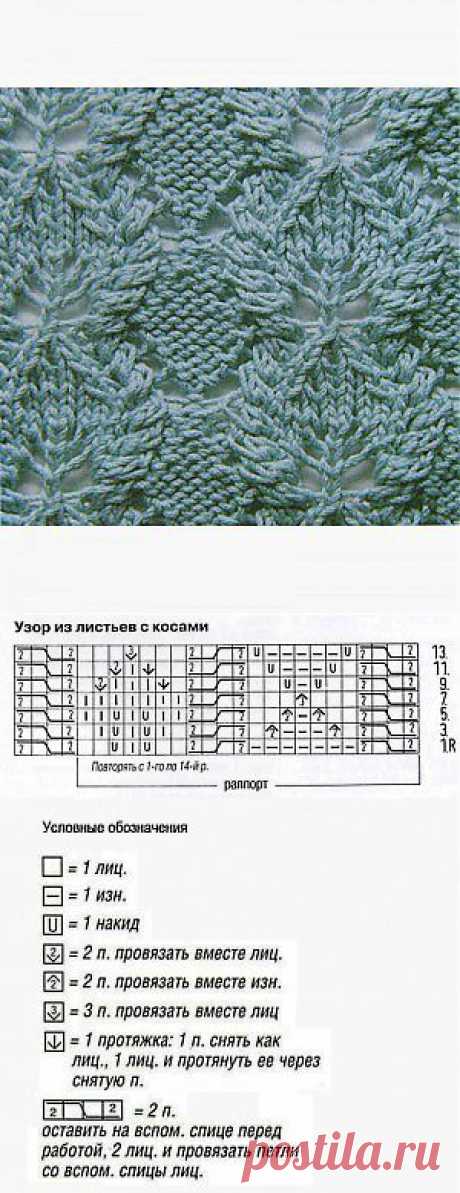 Узор из листьев с косами, вязаный спицами — Шпуля - сайт о вязании
