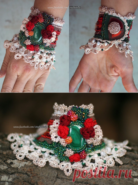 Malachite and Roses Crochet Cuff от ellisaveta на Etsy