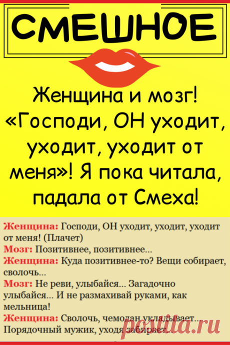 Женщина и мозг! «Господи, ОН уходит, уходит, уходит от меня»! Я пока читала, падала от Смеха!
#юмор #прикол #смешно #смешное #семья #смешной_юмор #самое_смешное #смешная_история #анекдот