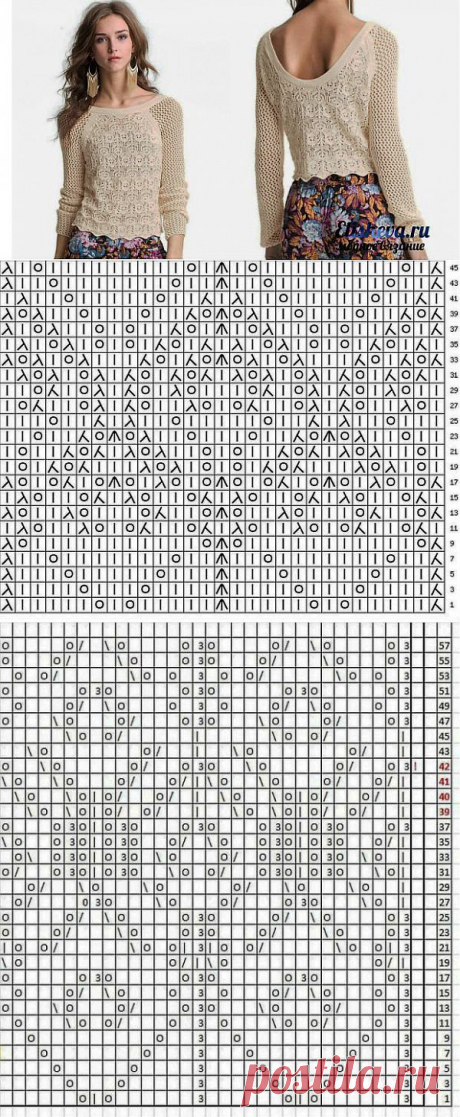 Нежный пуловер с глубоким вырезом на спине и ажурным узором. Вязаный спицами