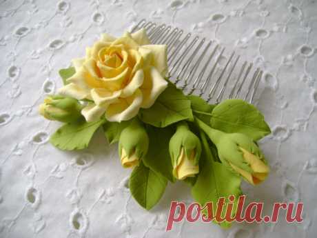 Hair comb polymer clay flowers. Yellow rose with от FloraAkkerman
