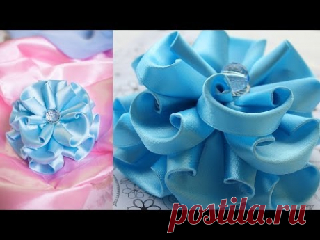 Голубой Цветок Канзаши / Пышный бант / МК / DIY / kanzashi tutorial