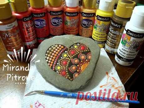 Fall Dot Art Heart Stone - Mandala painting with Miranda Pitrone ~ Rock Painting with brushes