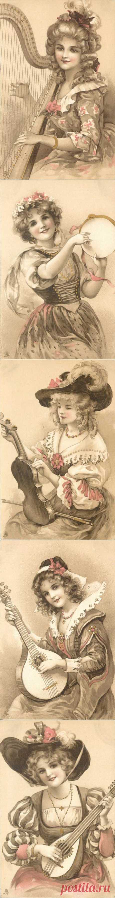 Старинные открытки.&quot;Девушки с музыкальными инструментами&quot;