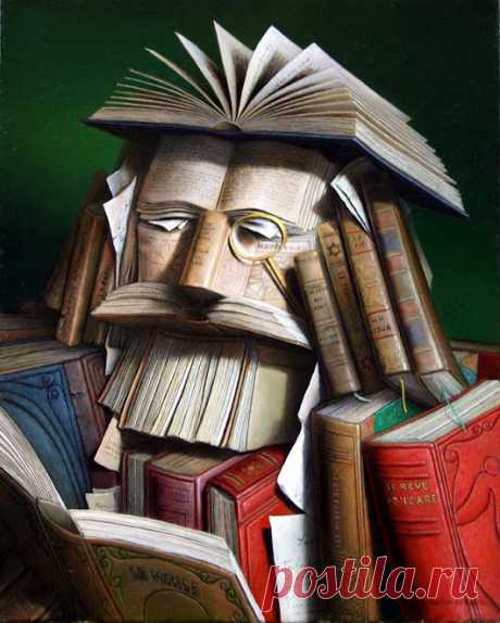 A surreal sip that uses the theme of books to build a portrait, created circa 1942, by French artist: André Martins De Barros.