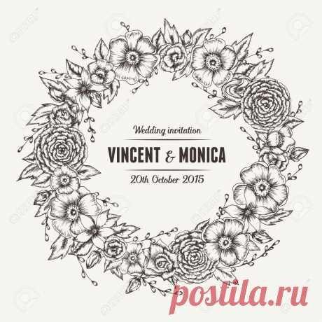 Vector Vintage Floral Wedding Invitation. Hand Drawn Flower Wreath. Royalty Free SVG, Cliparts, Vectors, And Stock Illustration. Image 42641010.