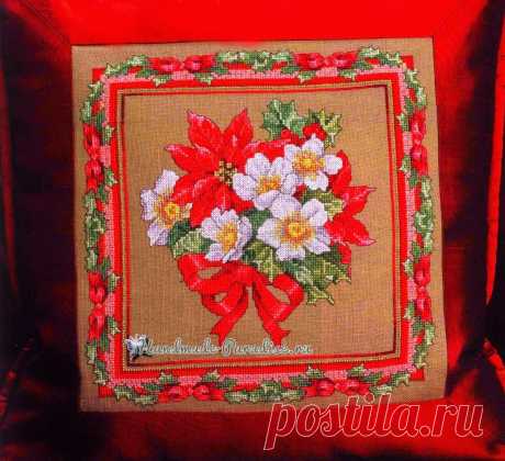 Вышивка крестом -- подушка с рождественскими звездами Интерьерную подушку с красными цветами можно создать к приближающимся праздникам — к Новому году и Рождеству. В данном варианте вышивка крестом выполнена на льняной ткани цвета мешковины, что придает …