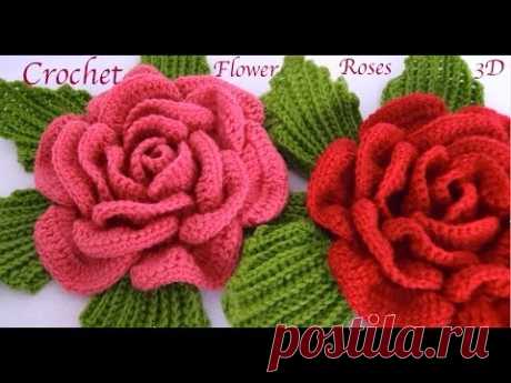 Como hacer flores Rosas gigantes 3D con hojas a Crochet paso a paso tejido tallermanualperu