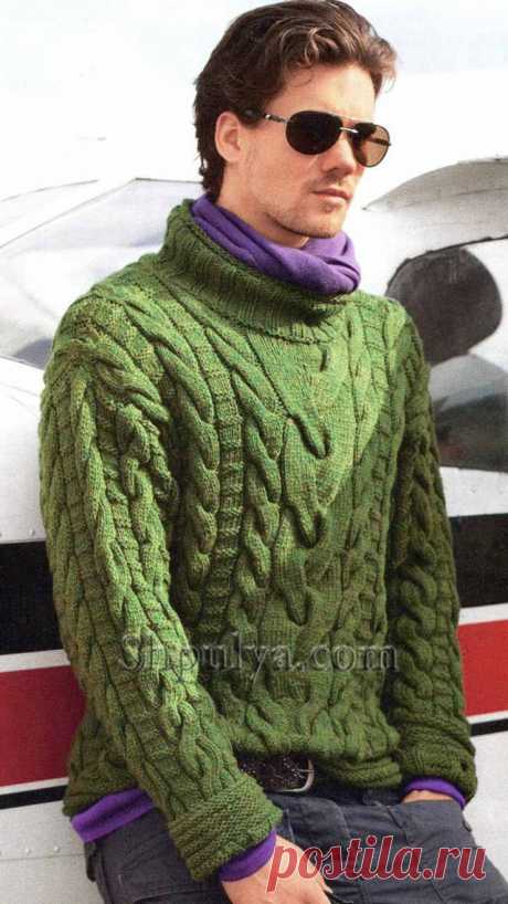 www.SHPULYA.com - Зеленый мужской свитер с рельефным узором