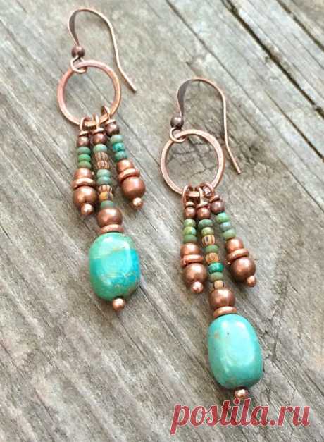 Turquoise earrings, boho copper jewelry, turquoise dangle earrings, beaded jewelry