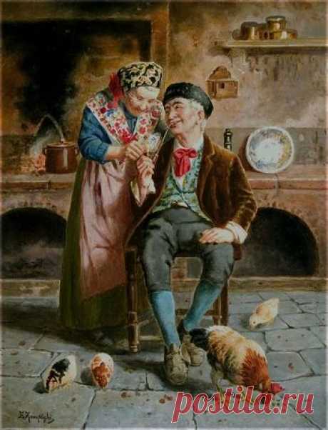 старик и женщина сидят на стуле перед цыплятами