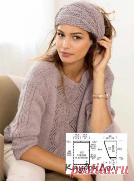 Пуловер с бордюром внизу и ажурный шарф. Вязание спицами для женщин, схемы и описание