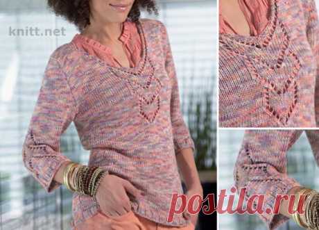 Пуловер с центральным ажурным узором Пуловер с ажурным узором-прекрасный выбор для лета. Выполнен из меланжевой пряжи он подойдет как блондинкам так и брюнеткам.