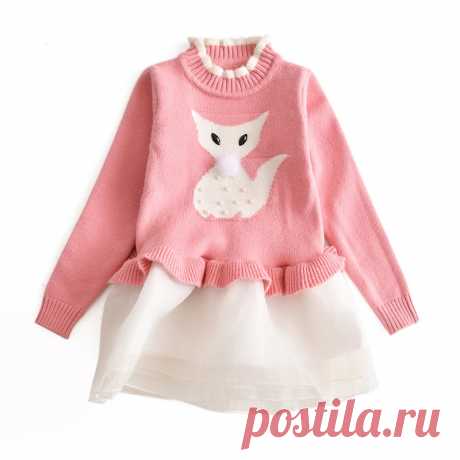 Платье для девочек с рисунком лисы, вязаное шифоновое платье, осенне зимняя детская одежда, детская одежда, весеннее платье для девочек, платье для свадебной вечеринки купить на AliExpress