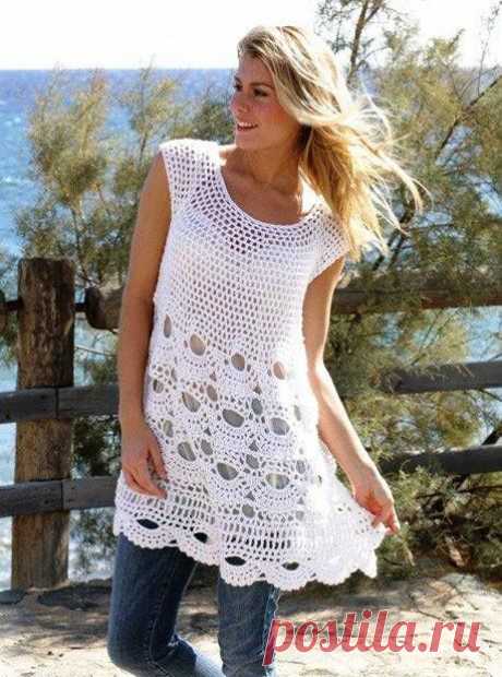Ажурная туника крючком узором «Ракушки» из Drops. / my-kolibri.ru