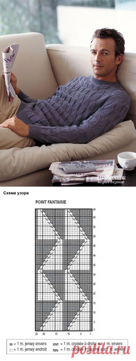 Мужской пуловер "Ромбики" вязаный спицами