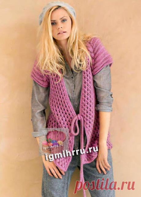 АЖУРНЫЙ ШЕРСТЯНОЙ ЖИЛЕТ С ЗАВЯЗКАМИ.