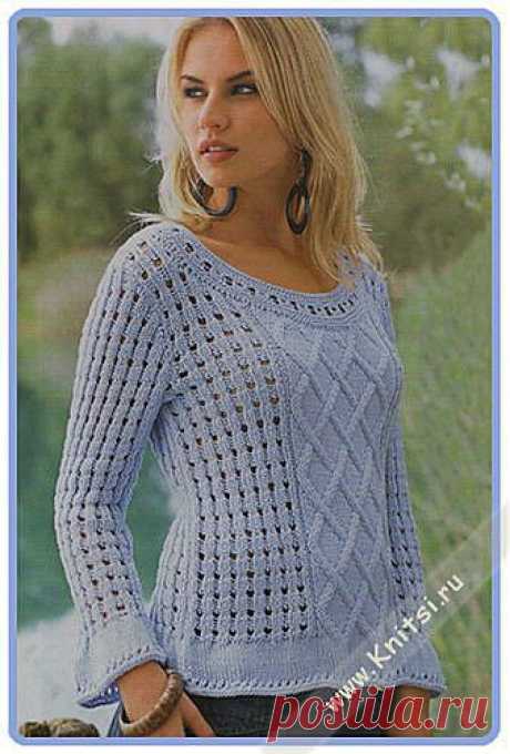Пуловер с ромбами и ажурным узором..