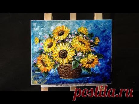 How to paint sunflower with acrylic paint using a palette knife