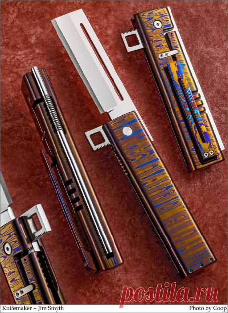Нож складной от Jim Smyth. Квадратный нож. Оксидированная дамасская сталь.