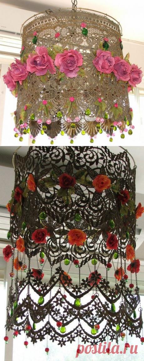 Красивые абажуры из цветов и кружева.