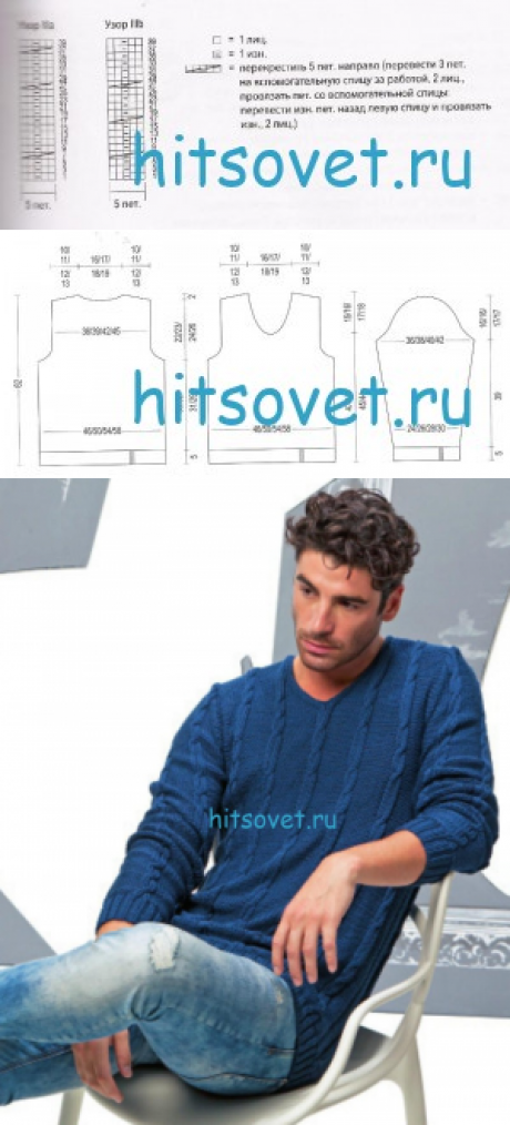 Синий мужской пуловер спицами - Хитсовет