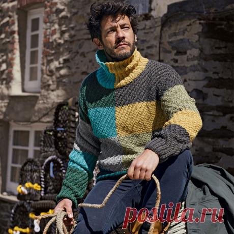 Теплый мужской свитер в стиле колор-блок спицами – подробное описание вязания со схемой на выкройке, фотогалерея