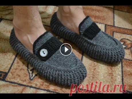 "Мужские мокасины" на войлочной подошве (Men's moccasins on felt soles) Автор описания мокасин - Нелли. Само описание взято с сайта В видеоуроке показывается, как связать мужские мокасины на войлочной подошве на 43 размер....
