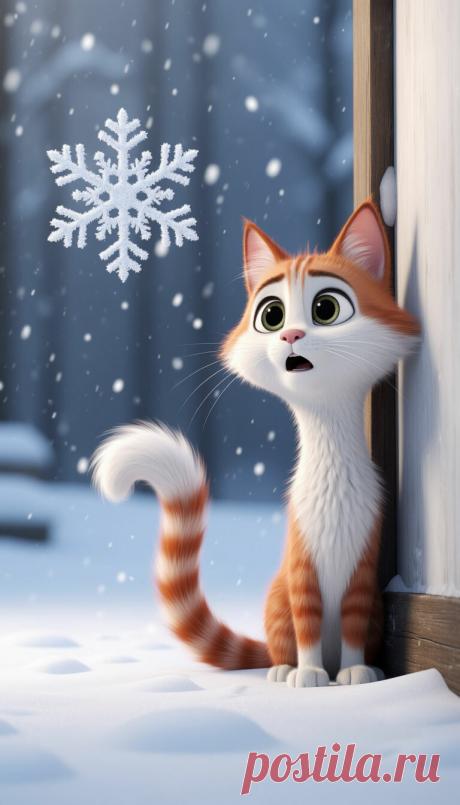 Белоснежный минимализм,большая красивая одинокая снежинка кружится, падает, справа в углу из-за экрана выглядывает силуэт длинного, тонкого, пушистого, пухового, бархатные тяги бело-рыжего шокированного мультяшного pixar кота минимализм