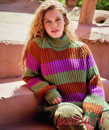 Полосатый пуловер реглан патентным узором — Shpulya.com - схемы с описанием для вязания спицами и крючком