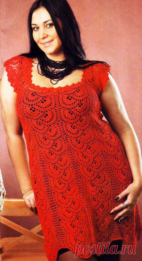 Красное платье Огневка крючком с квадратным вырезом для полных женщин – схемы вязания с описанием