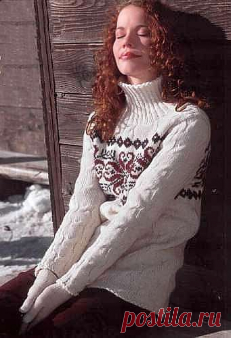 Белый пуловер с норвежским узором