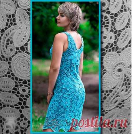 Платье вязаное в технике ирландского кружева Бирюза - бирюзовый,цветочный