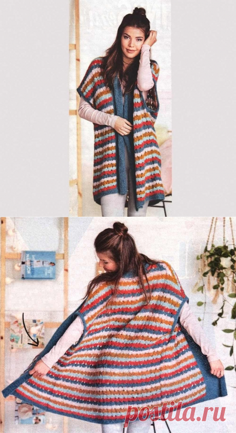 Длинный ажурный жилет в полоски. Спицами. / hobby-as.ru